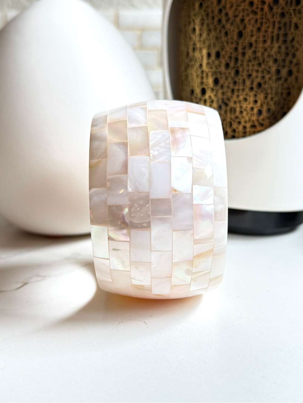 Vintage Chunky White Mother of Pearl Mosaic Wide Bangle Bracelet